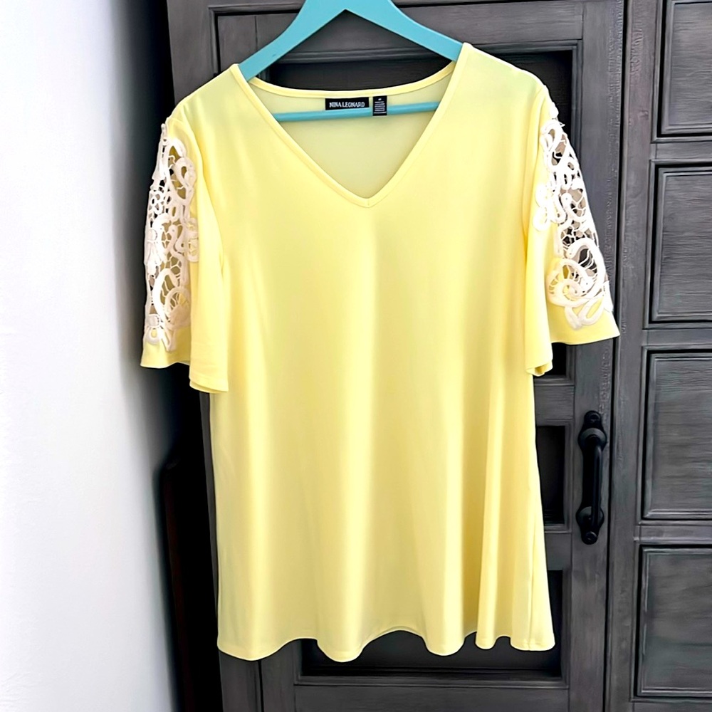 Nina Leonard yellow blouse with crochet sleeve design